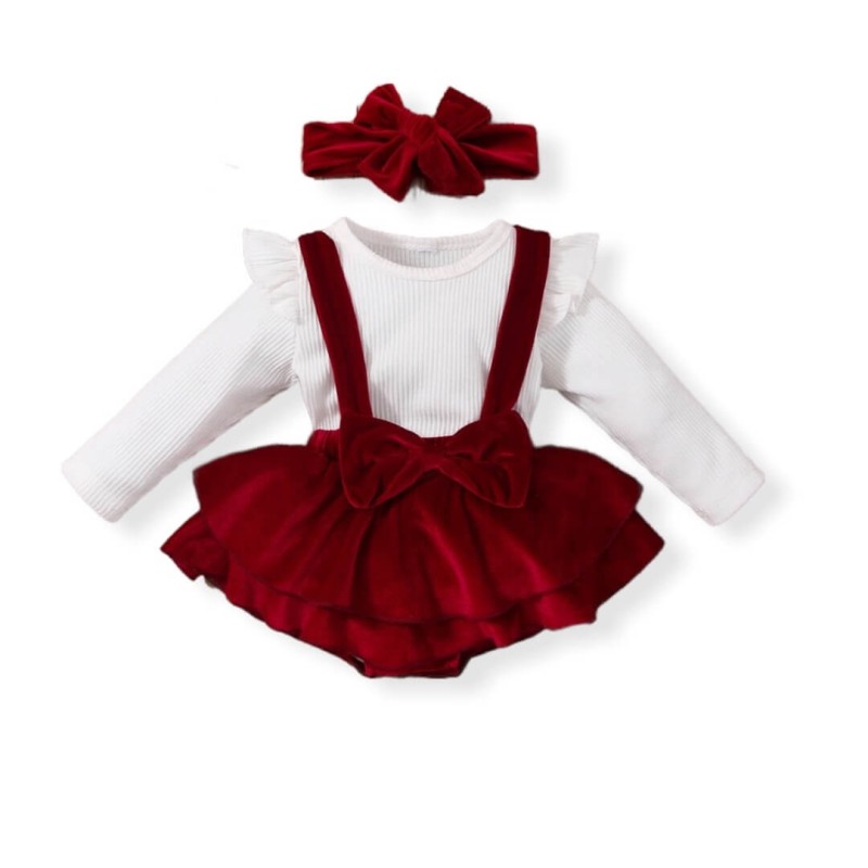 Baby Girl Velvet Set - White/Burgundy