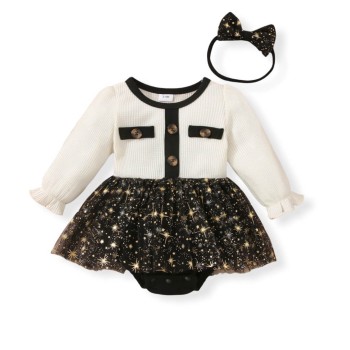 Baby Girl Waffle Glitter Stars Party Romper Dress - Black/Cream