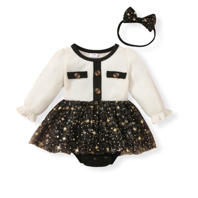 Baby Girl Waffle Glitter Stars Party Romper Dress - Black/Cream