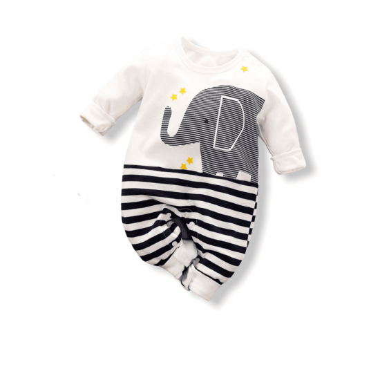 Baby Jumpsuit Elephant Striped - White Baby Jumpsuit Elephant Striped - White