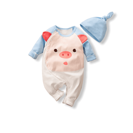 Baby Jumpsuit Set Hat Piggy 3D Ear - White/Blue Baby Jumpsuit Set Hat Piggy 3D Ear - White/Blue