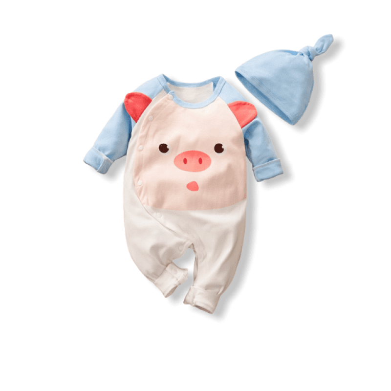 Baby Jumpsuit Set Hat Piggy 3D Ear - White/Blue