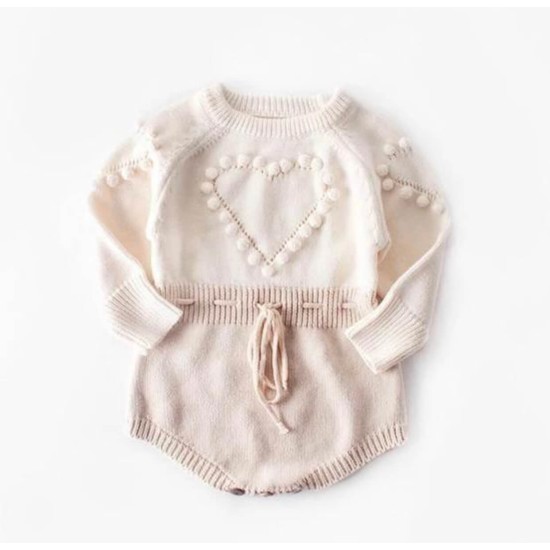 Baby Knitted Romper Heart Bobble - Beige