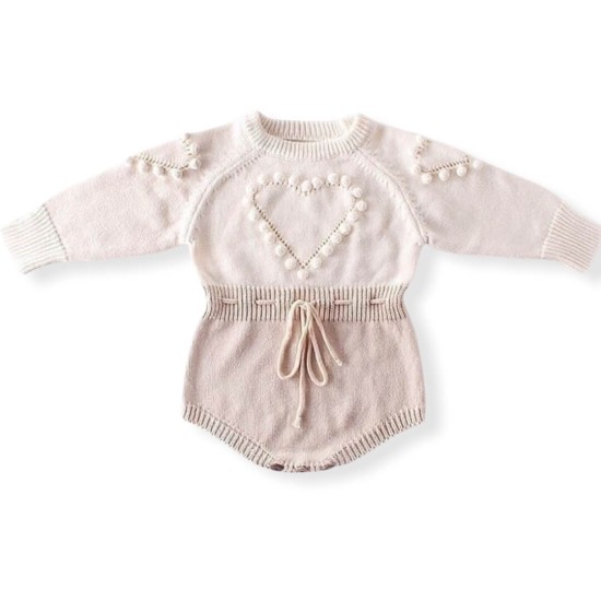 Baby Knitted Romper Heart Bobble - Beige