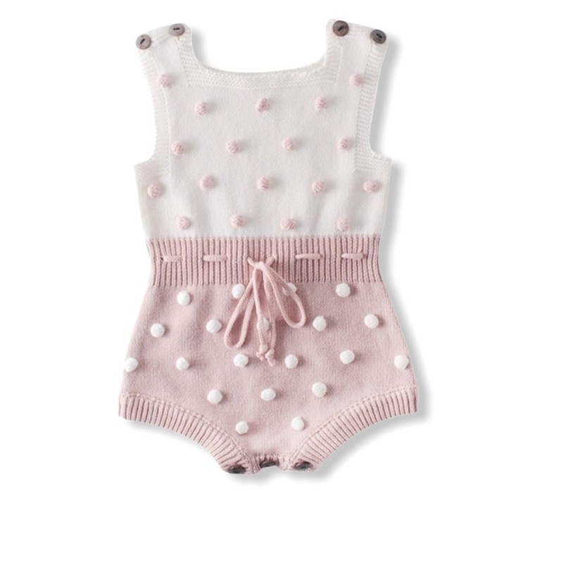 Baby Pom-Trim Tie Waist Jumpsuit Pink/White