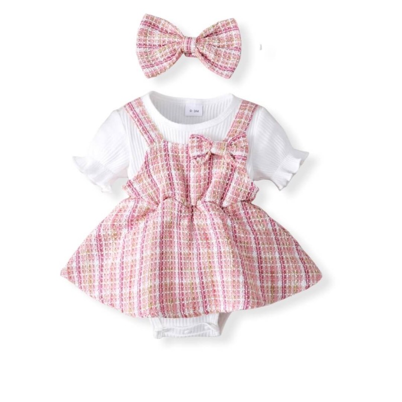 Baby Ribbed Puff Sleeve Tweed Romper - Pink