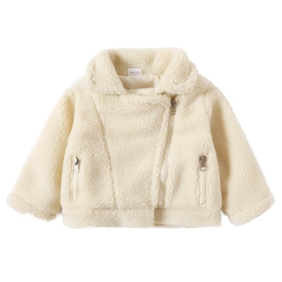 Baby Unisex Fuzzy Fleece Lape Zip Jacket - Beige
