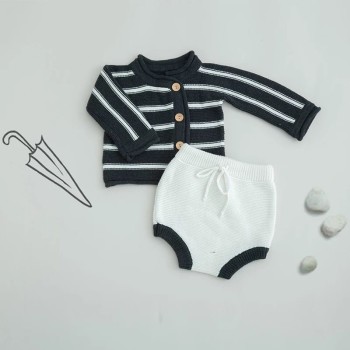 Baby Unisex Knitted Stripped Set - D.Grey