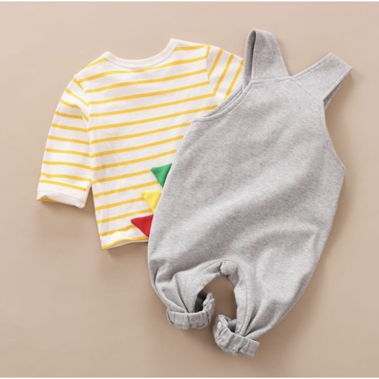Baby Unisex Set Striped Long Sleeve Tee and Dino Overall Set - Grey Baby Unisex Set Striped Long Sleeve Tee and Dino Overall Set - Grey