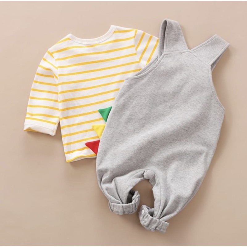 Baby Unisex Set Striped Long Sleeve Tee and Dino Overall Set - Grey