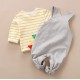 Baby Unisex Set Striped Long Sleeve Tee and Dino Overall Set - Grey Baby Unisex Set Striped Long Sleeve Tee and Dino Overall Set - Grey