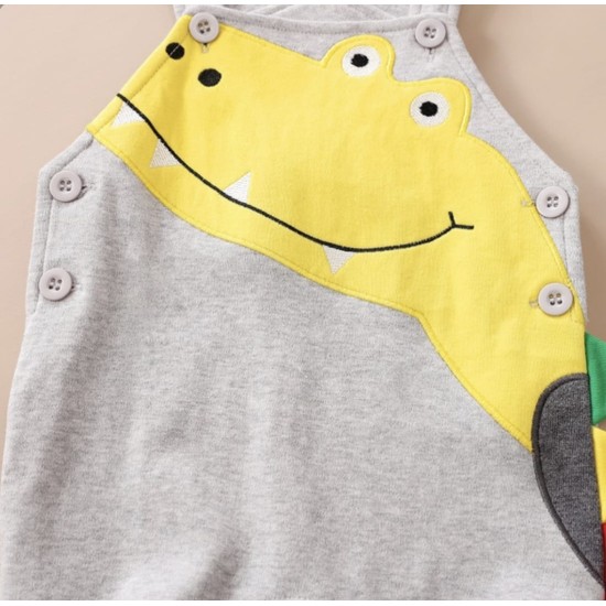 Baby Unisex Set Striped Long Sleeve Tee and Dino Overall Set - Grey Baby Unisex Set Striped Long Sleeve Tee and Dino Overall Set - Grey