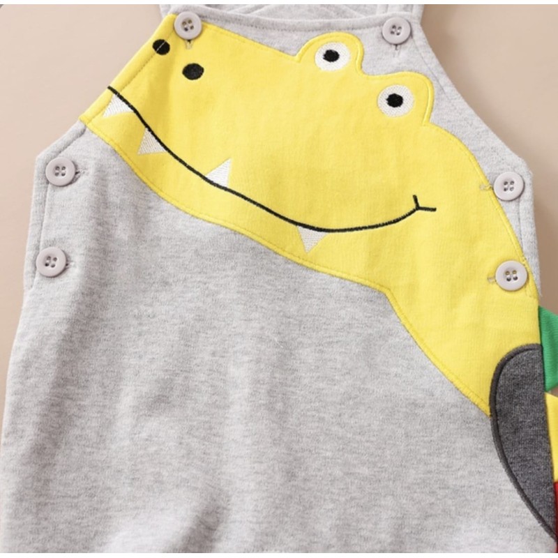 Baby Unisex Set Striped Long Sleeve Tee and Dino Overall Set - Grey