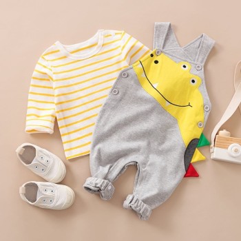 Baby Unisex Set Striped Long Sleeve Tee and Dino Overall Set - Grey