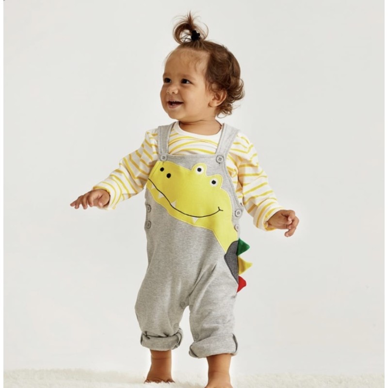 Baby Unisex Set Striped Long Sleeve Tee and Dino Overall Set - Grey