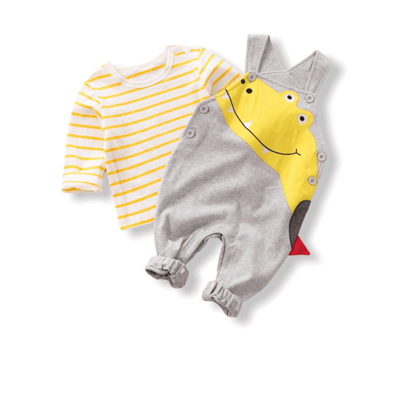 Baby Unisex Set Striped Long Sleeve Tee and Dino Overall Set - Grey