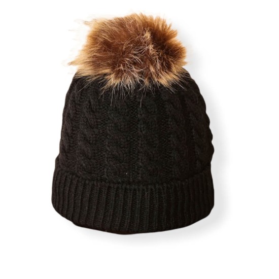 Beanie Knitted With Pompon - Black Beanie Knitted With Pompon - Black