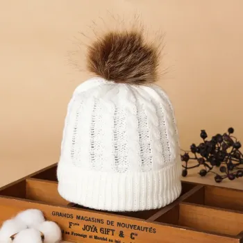 Beanie Knitted With Pompon - White