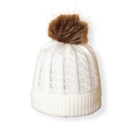Beanie Knitted With Pompon - White Beanie Knitted With Pompon - White