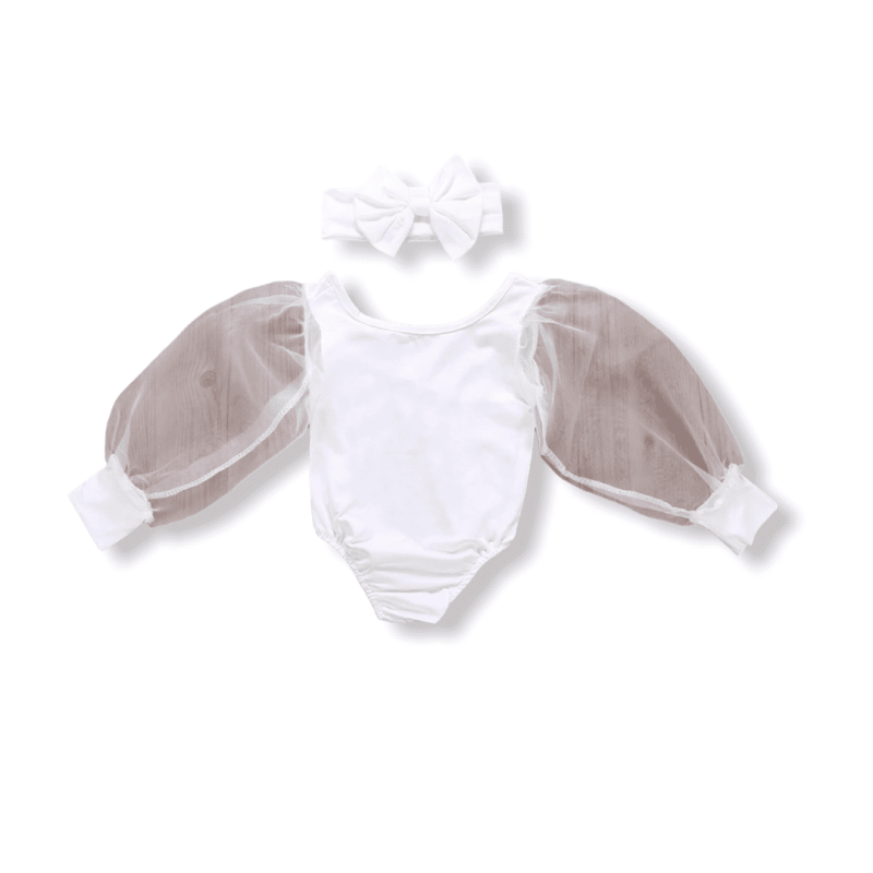 Bubble Fluffy Sleeve Girly Bodysuit - White