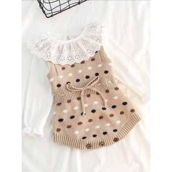Dots Knitted Sleeveless Girl Bodysuit - Beige