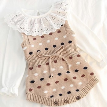 Dots Knitted Sleeveless Girl Bodysuit - Beige