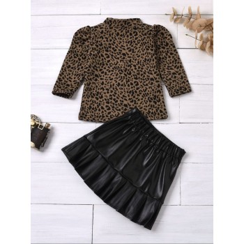 Girl Leopard Set With Leather Skirt - Black