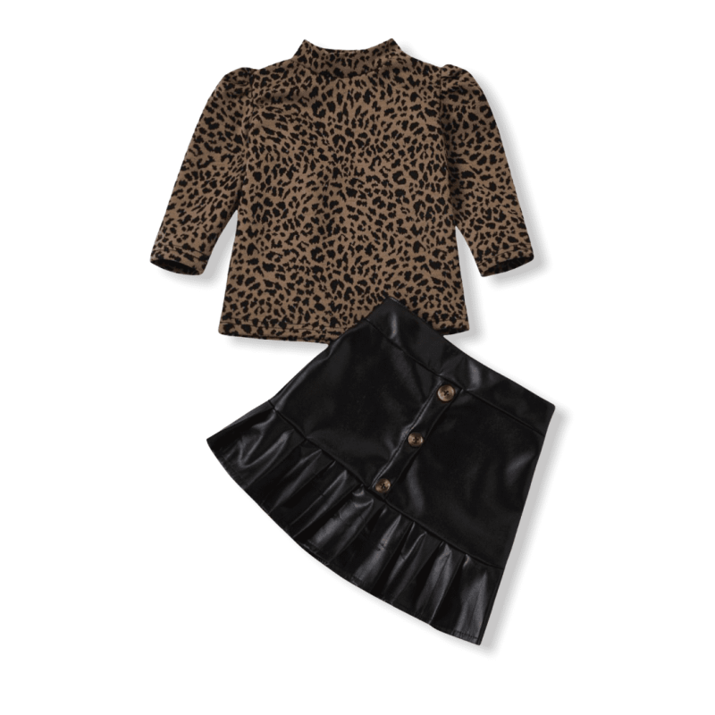 Girl Leopard Set With Leather Skirt - Black