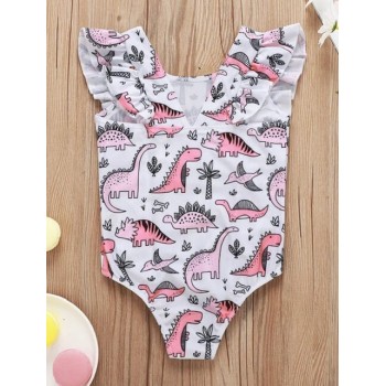 Girl One Piece Swimsuit Dino Ruffle Trim - Pink