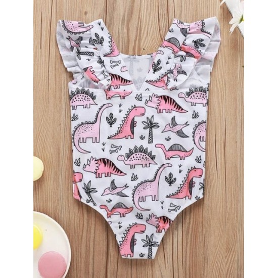 Girl One Piece Swimsuit Dino Ruffle Trim - Pink Girl One Piece Swimsuit Dino Ruffle Trim - Pink