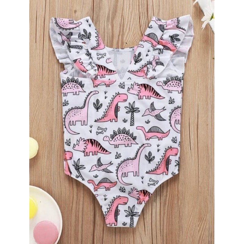 Girl One Piece Swimsuit Dino Ruffle Trim - Pink