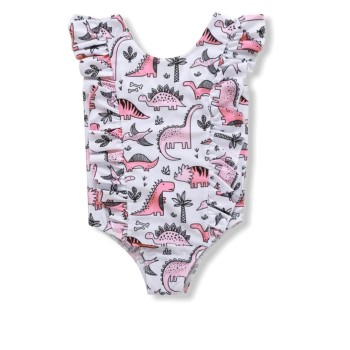 Girl One Piece Swimsuit Dino Ruffle Trim - Pink