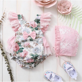 Baby Sleeveless Lace Floral Ruffle Jumpsuit - Pink