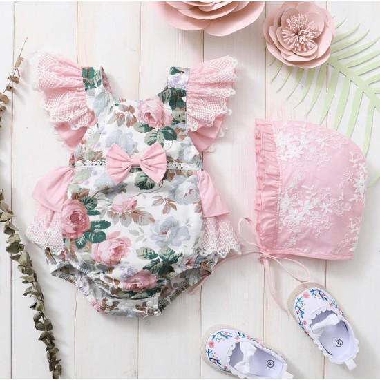 Baby Sleeveless Lace Floral Ruffle Jumpsuit - Pink Baby Sleeveless Lace Floral Ruffle Jumpsuit - Pink
