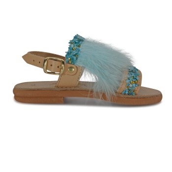 Παιδικό Δερμάτινο Σανδάλι Με Φτερό - L.Blue/Natural