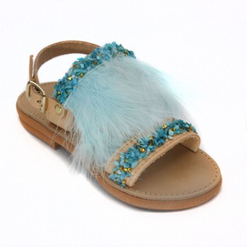 Παιδικό Δερμάτινο Σανδάλι Με Φτερό - L.Blue/Natural