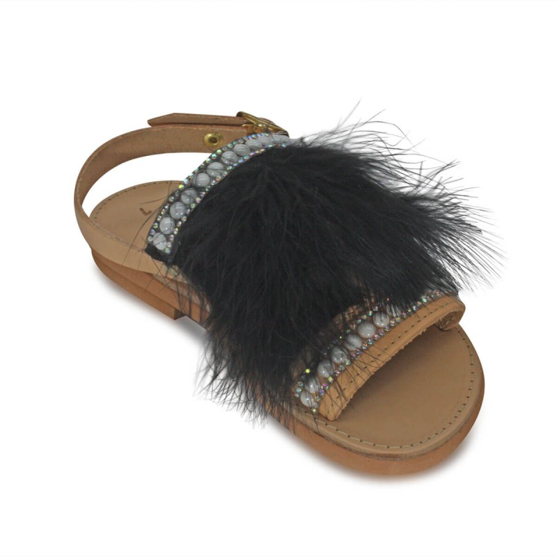 Παιδικό Δερμάτινο Σανδάλι Με Φτερό - Black/Natural