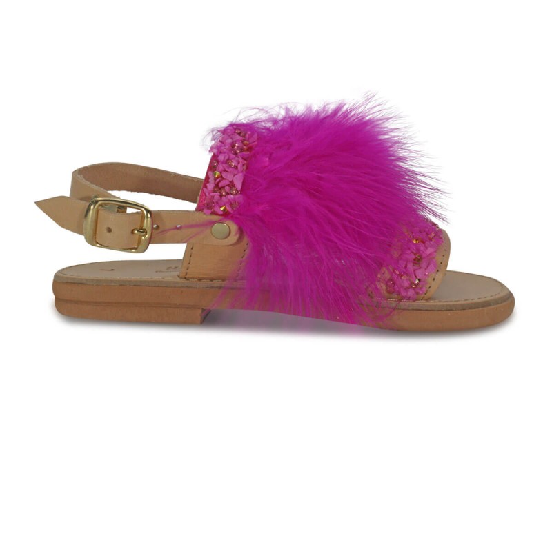 Παιδικό Δερμάτινο Σανδάλι Με Φτερό - Fuchsia/Natural