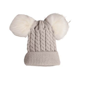 Knitted Beanie With Double Pompon - Beige