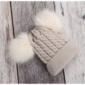Knitted Beanie With Double Pompon - Beige