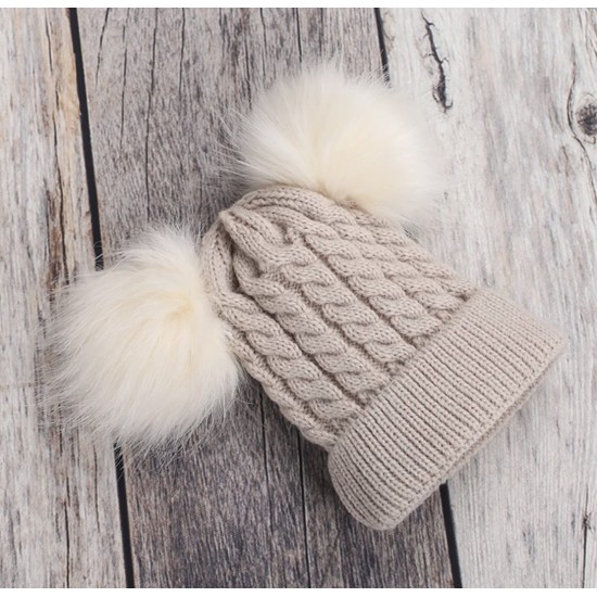 Knitted Beanie With Double Pompon - Beige