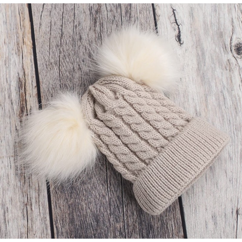 Knitted Beanie With Double Pompon - Beige