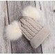 Knitted Beanie With Double Pompon - Beige