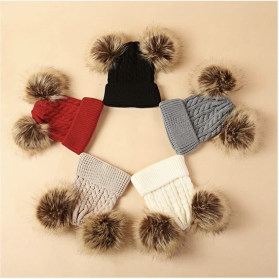 Knitted Beanie With Double Pompon - Black