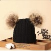 Knitted Beanie With Double Pompon - Black