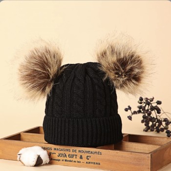 Knitted Beanie With Double Pompon - Black