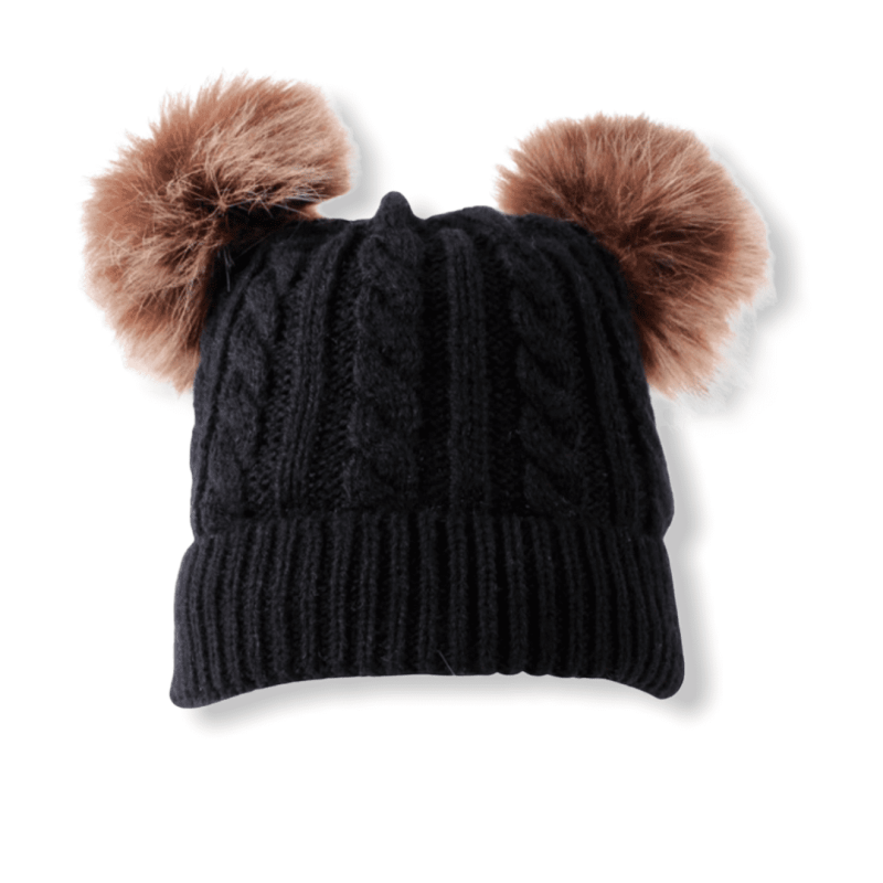 Knitted Beanie With Double Pompon - Black