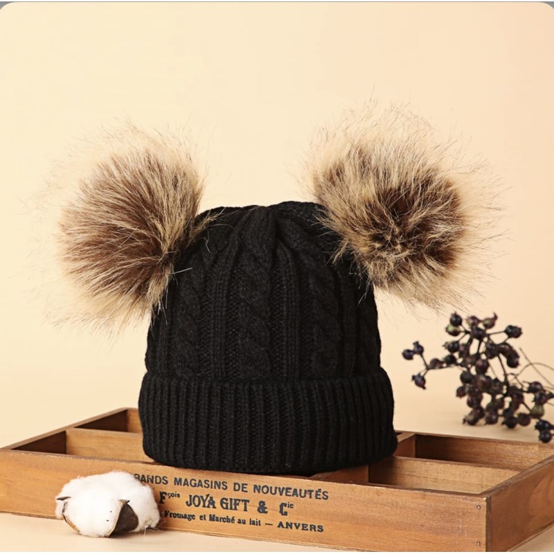 Knitted Beanie With Double Pompon - Black