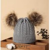 Knitted Beanie With Double Pompon - Grey
