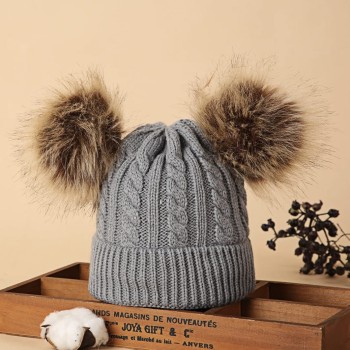 Knitted Beanie With Double Pompon - Grey